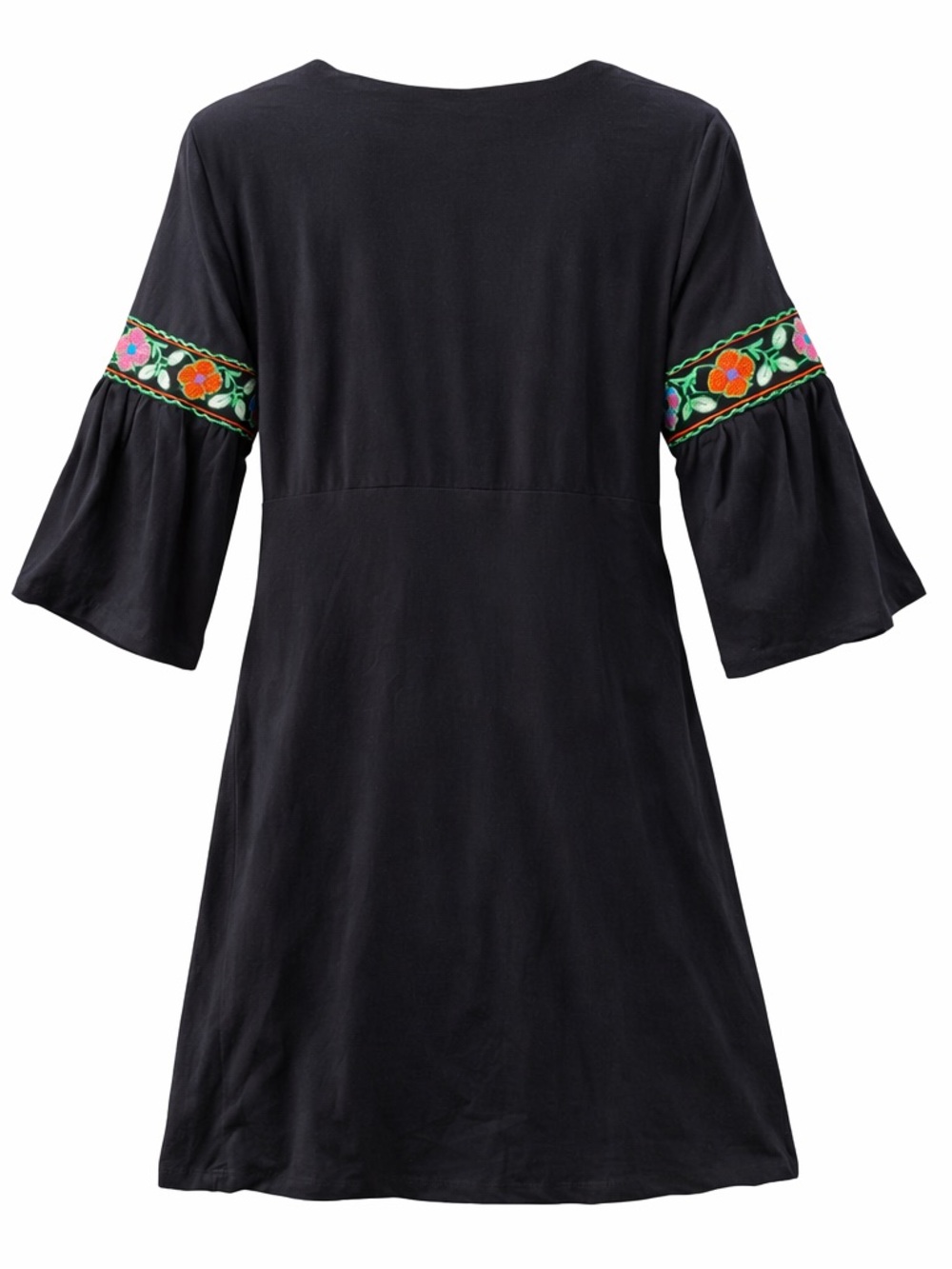 Black Embroidered Boho Dress Floral Trim Bell Sleeve Mini - Picture 2 of 3
